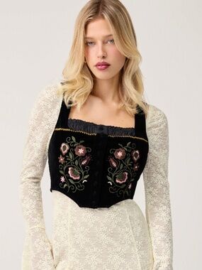 Cider black velvet embroidered corset vest NWT